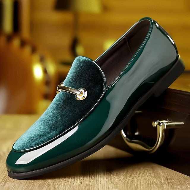 with Men's Loops Gold Decorative Faux Loafers Leather Green
