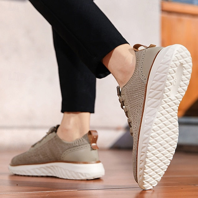 Shoes with Lace-Up Knit Lightweight Sneakers Men's Beige