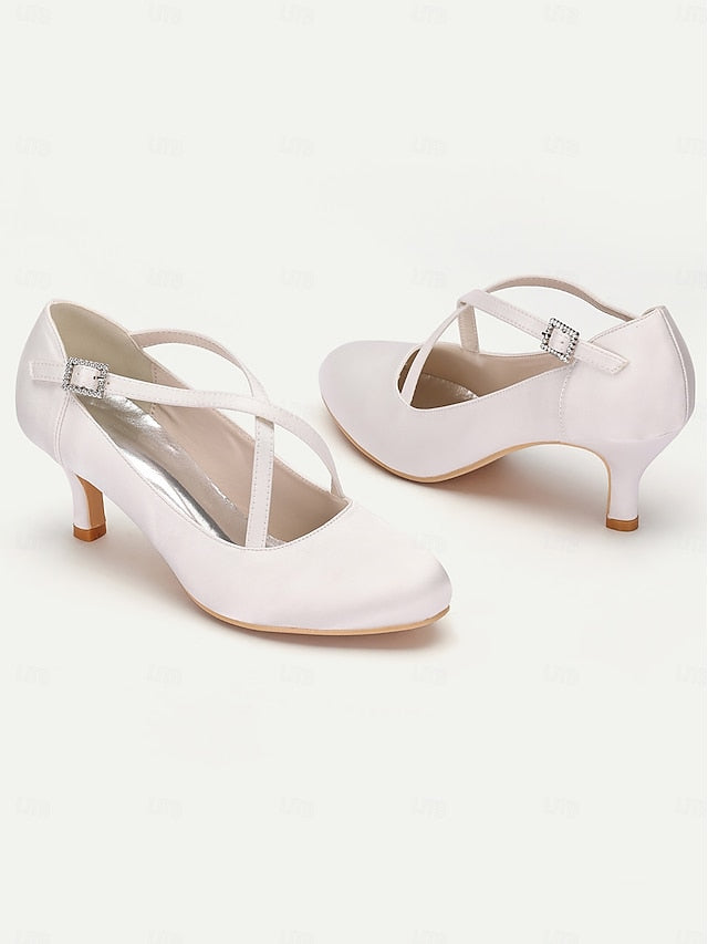 Rhinestone with – Cross-Strap Buckle White Elegant Heels Satin