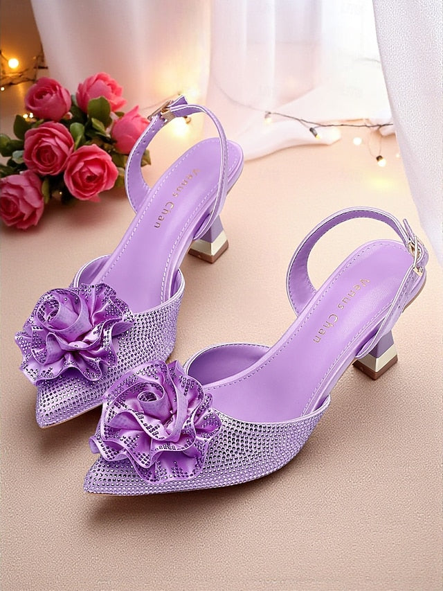 with Rhinestone Women's Purple Floral Heels Slingback