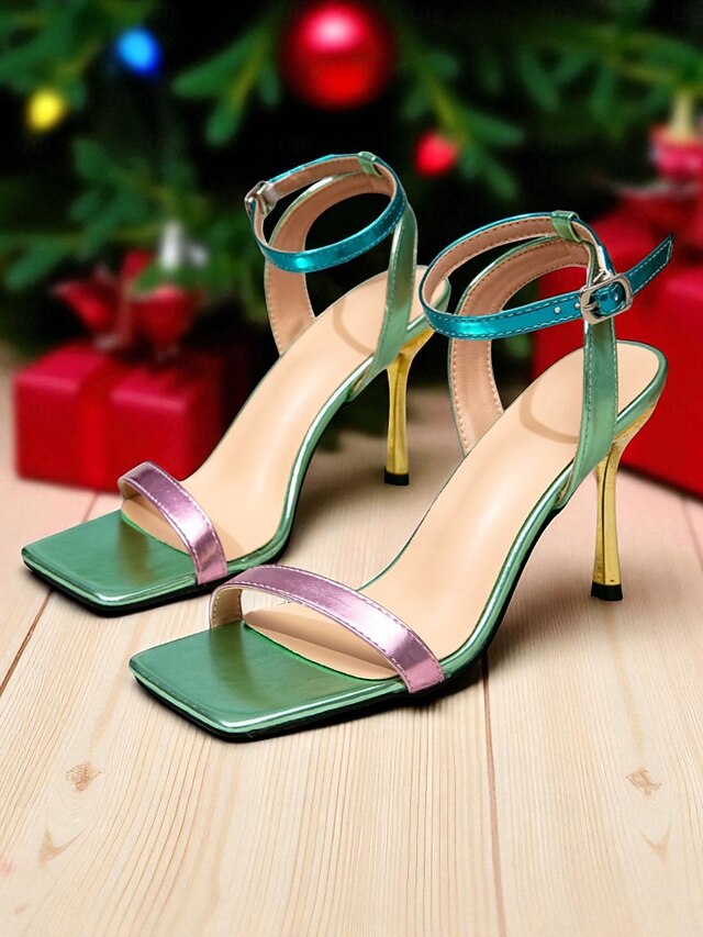 Women's Iridescent Strappy Toe Sandals Square Stiletto -