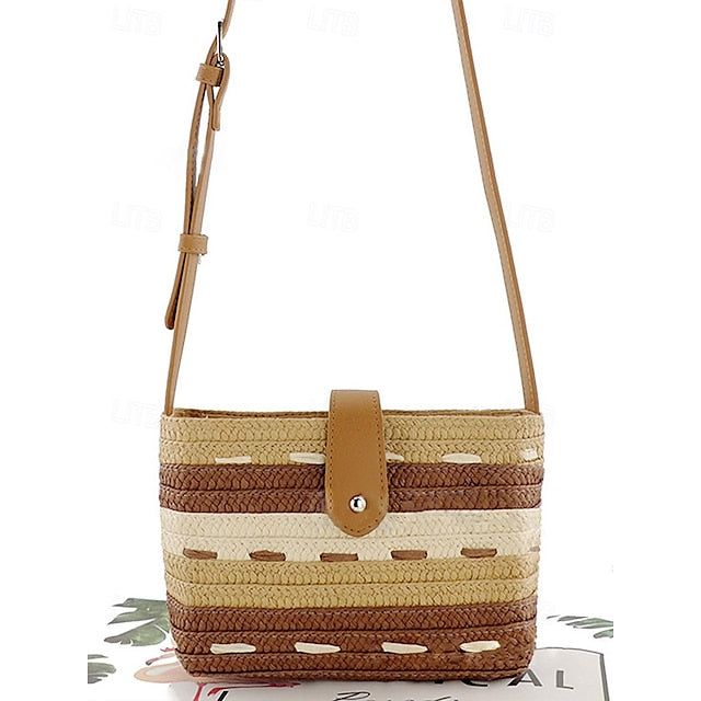 Tote Women's Colorblock Striped Woven Brown Bag Straw with