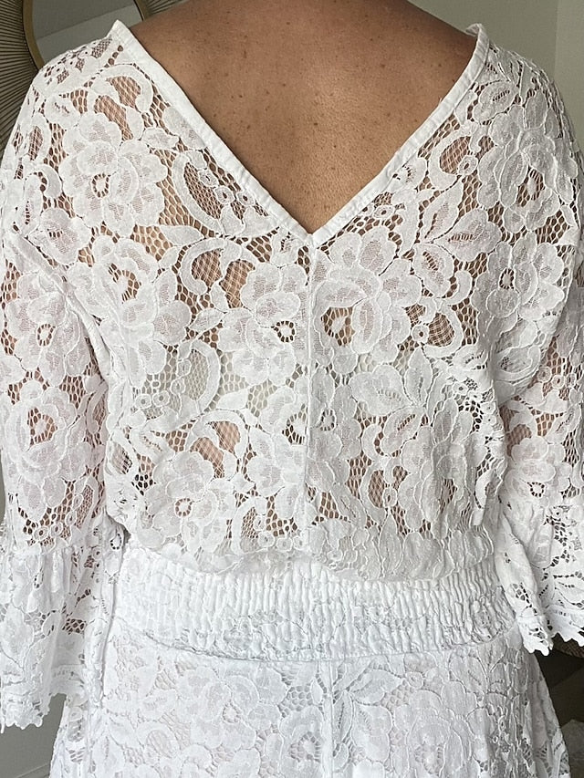 Women's Lace Shirt Baggy Shorts 3/4 Length Sleeve V Neck