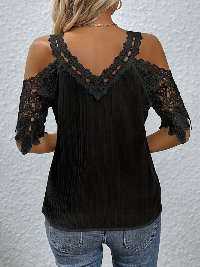 Women's Lace Shirt Blouse Lace Solid Color Stylish Casual