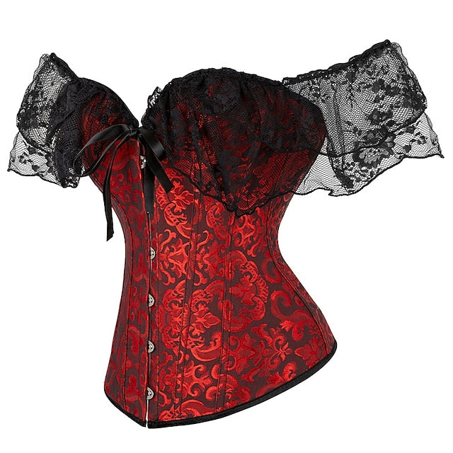 Women Floral Lace Off Shoulder Overbust Corset Bustier Boned