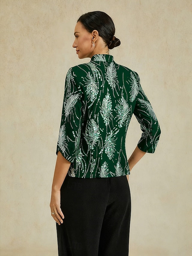 Women's Sequin Tops Twinset Sequins Feather Elegant 3/4