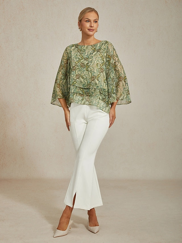 Women's Blouse Green Paisley Floral Layered 3/4 Sleeve