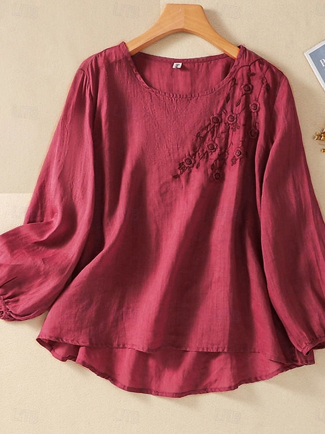 Women's Shirt Blouse Faux Cotton Linen Embroidered Solid