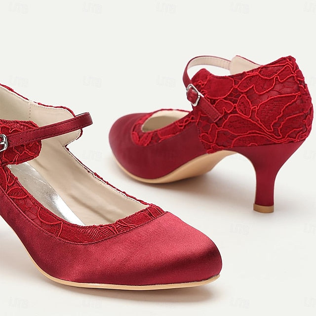 Mid-Heel Women's Comfortable Lace Satin Elegant Red - Heels