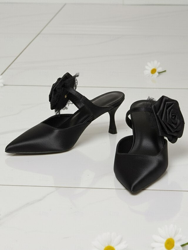 Toe Floral Heels with Green Women's Pointed Ankle Satin