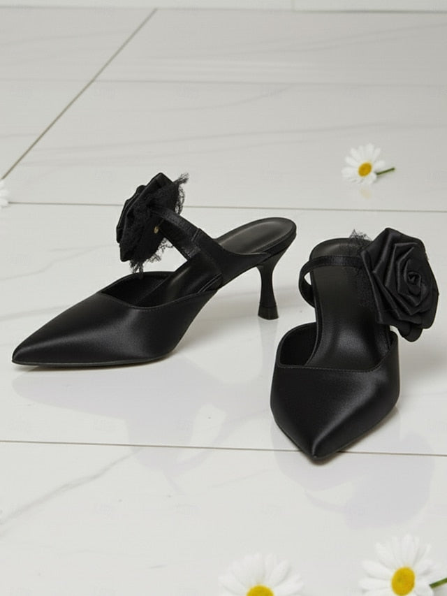 Pointed Green Satin with Women's Ankle Floral Heels Toe