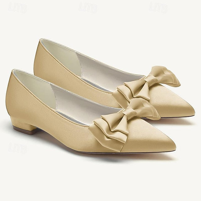 Low Party Women's Pointed Flats Heel Bowknot Shoes Wedding