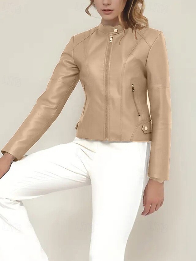 Faux Pocket Leather Comfortable Women's Zipper Jacket