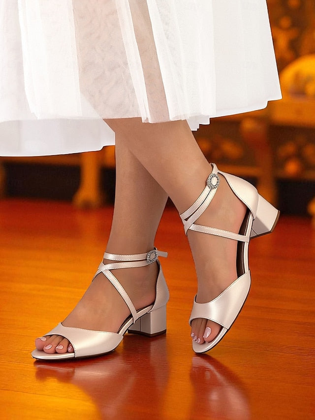 with Heel Satin - Block Ankle Sandals Women's Strap Elegant