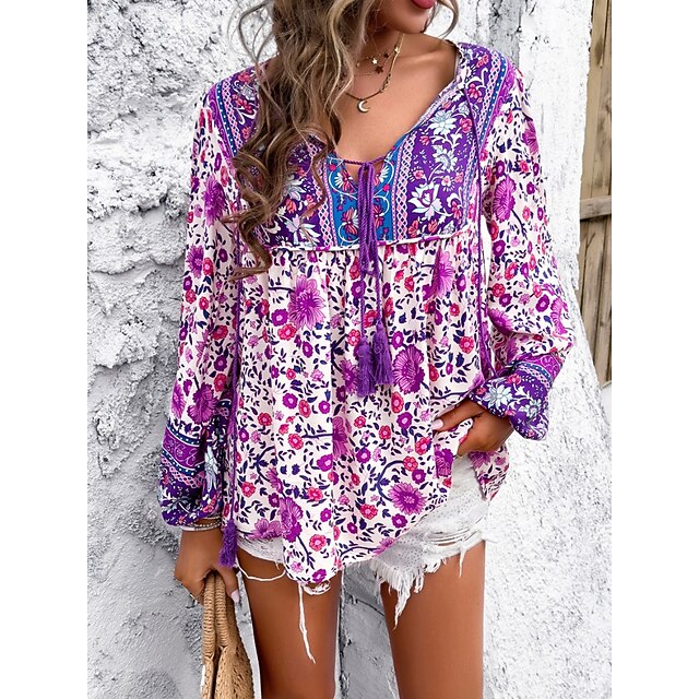 Women's Shirt Blouse Lace up Print Floral Bohemia Ethnic