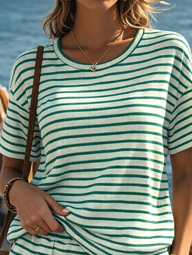 Women's Shorts Sets Short Sleeve Round Neck Striped Print