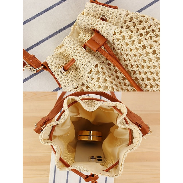 - Drawstring Summer Bucket Bag Woven Women’s Stylish with Tote