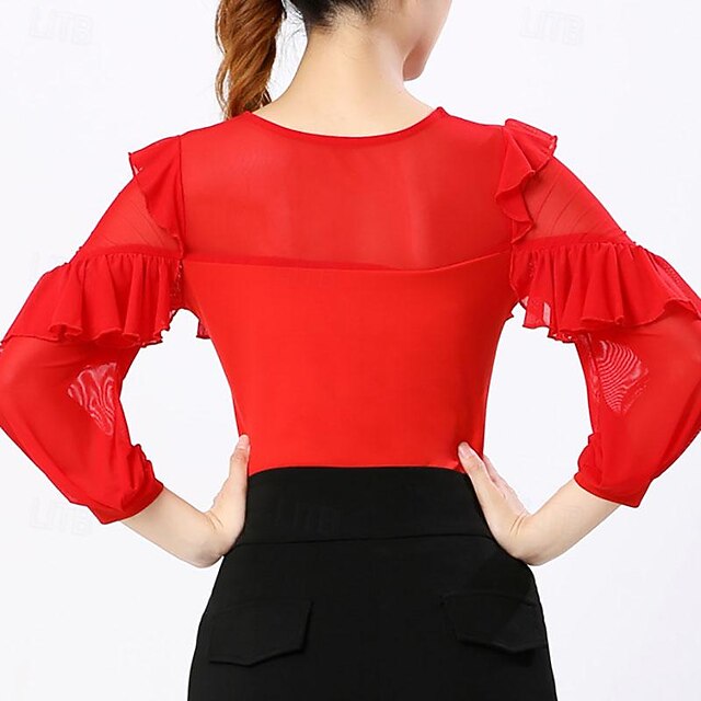Latin Dance Ballroom Dance Top Ruffles Pure Color Splicing