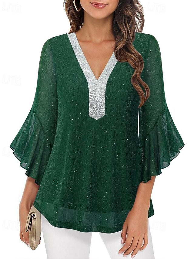 Women's Blouse Sequin Tops Patchwork Color Block Stylish