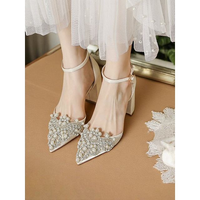 and Pearl Women's Wedding Block Embellished Rhinestone Heel