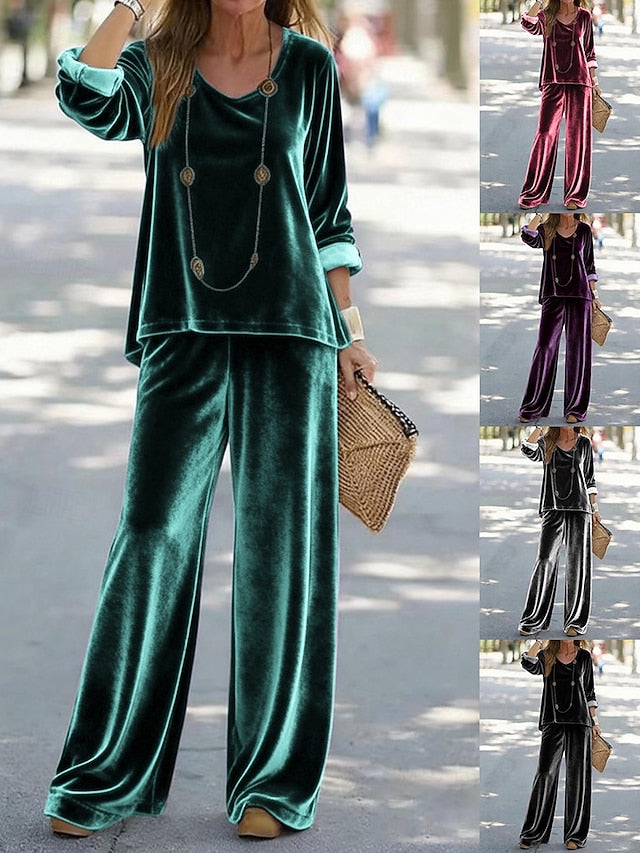 Women's Pants Sets Long Sleeve V Neck Solid Color Fashion