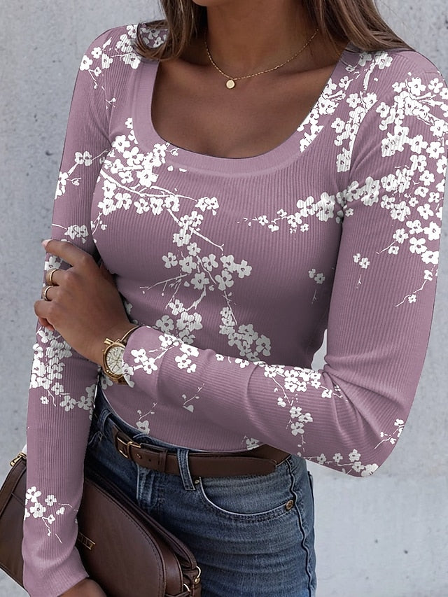 Women's T shirt Long Sleeve Ribbed Graphic Square Neck Long