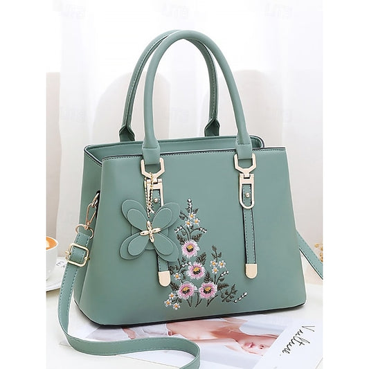 Embroidery Leather Faux Green Floral with Handbag Women's