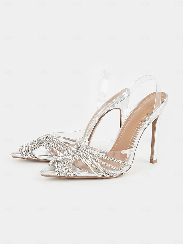 with Sandals Silver Transparent Stiletto Straps – Rhinestone