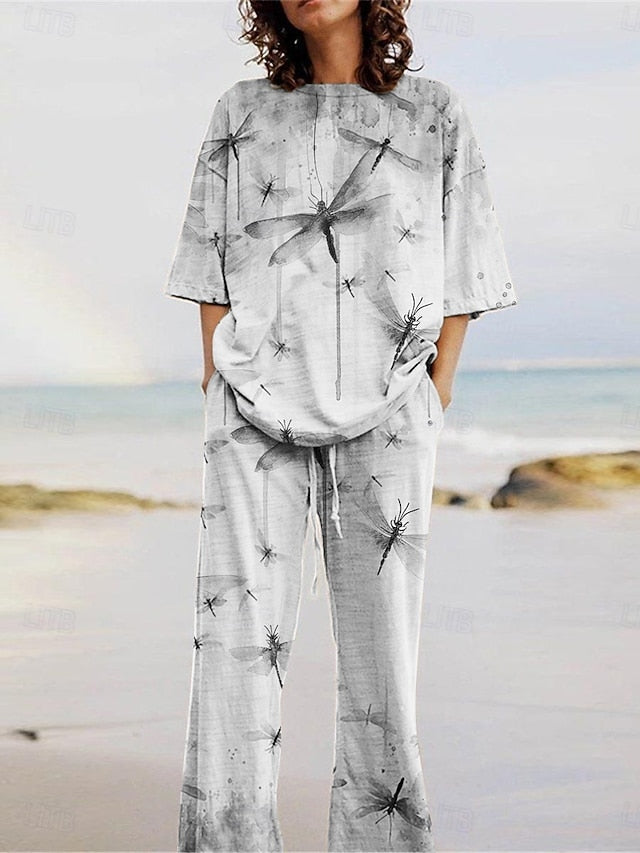 Women's Pants Sets 3/4 Length Sleeve Crew Neck Animal Print