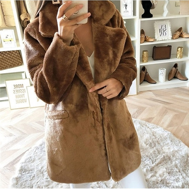 Women's Pocket Warm Comfortable Fur Coat Faux Casual