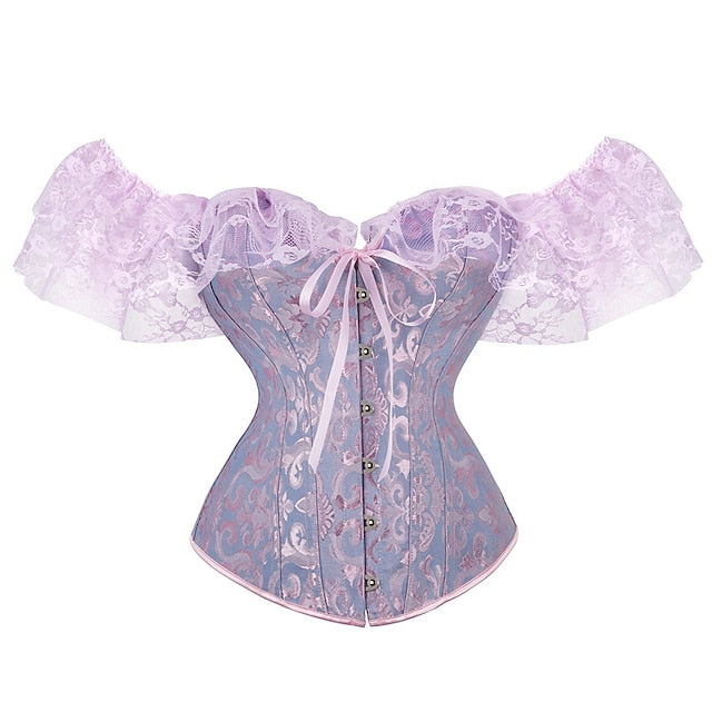 Women Floral Lace Off Shoulder Overbust Corset Bustier Boned