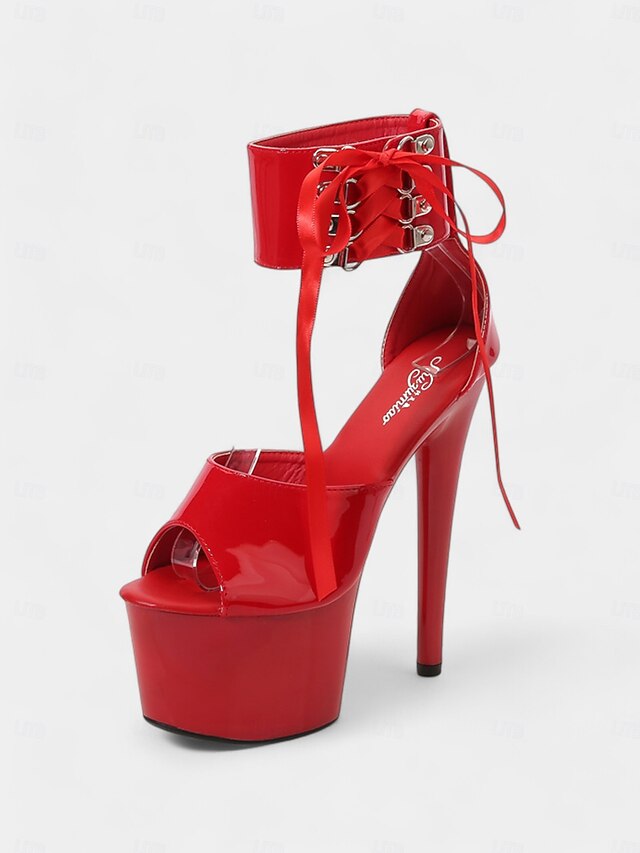 Patent Platform Sandals Lace-Up Black Straps Ankle Leather with