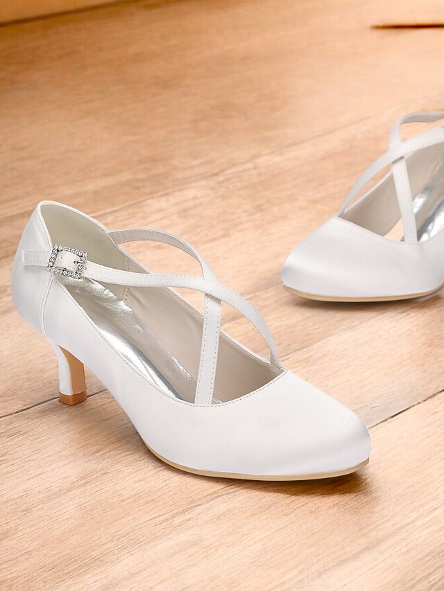 Rhinestone with – Cross-Strap Buckle White Elegant Heels Satin