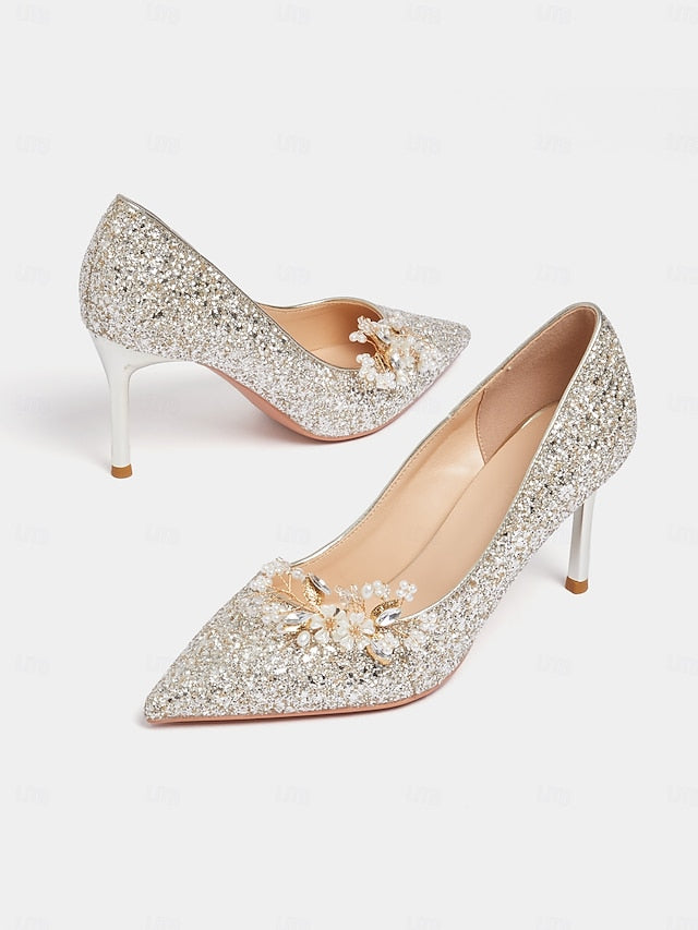 with Silver Heels Women's Stiletto Floral Glitter