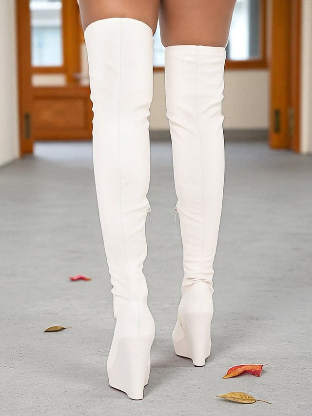 Women's - Faux Leather Heel Boots Black the Wedge Over Knee