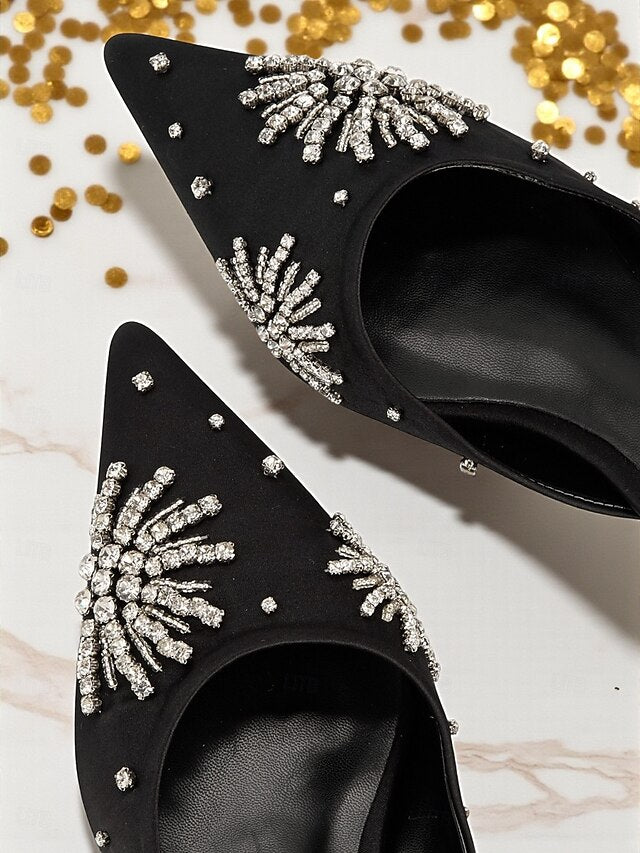 Satin Toe Rhinestone Women's Pointed Black Mules with