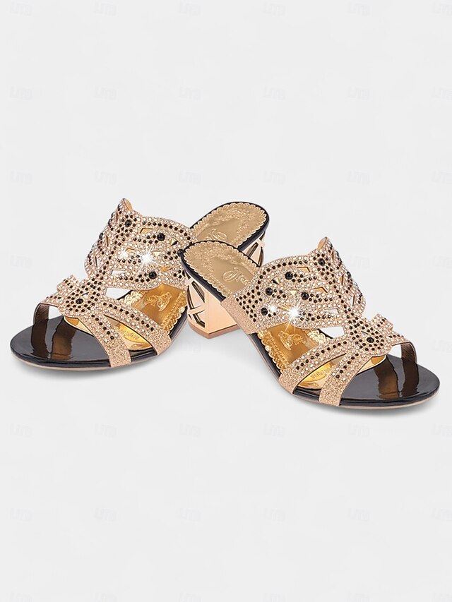 and Gold - Heeled Sandals Embellished Green Rhinestone