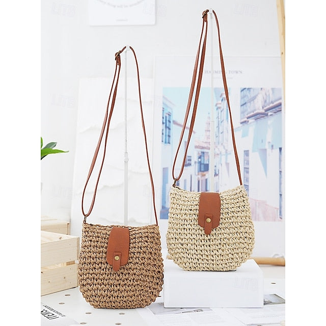 Women’s Bag Chic Leather - Strap Straw with Crossbody Woven