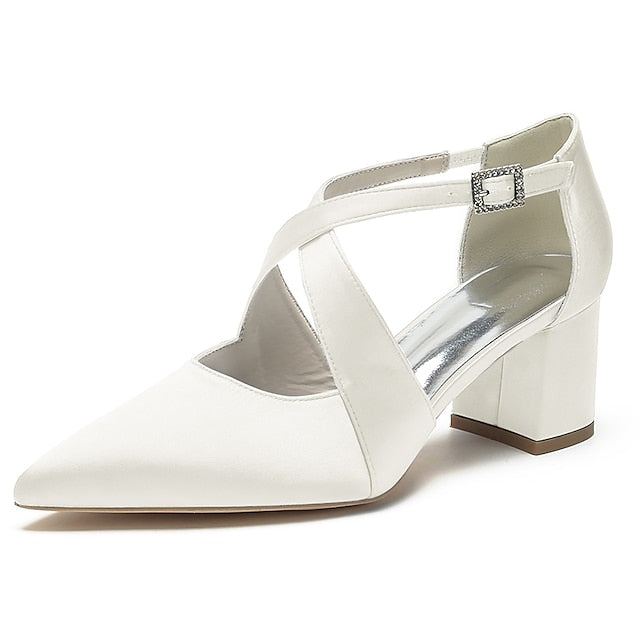 – Elegant White Block Pointed Heels Women's Satin Toe
