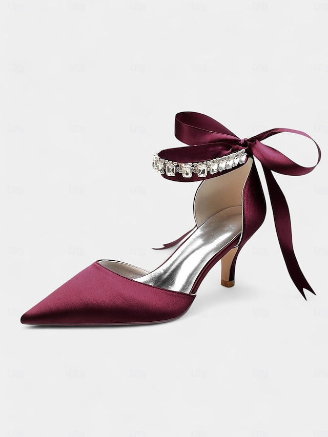 Satin Ankle Strap Blue Heels Pointed-Kitten and with Rhinestone