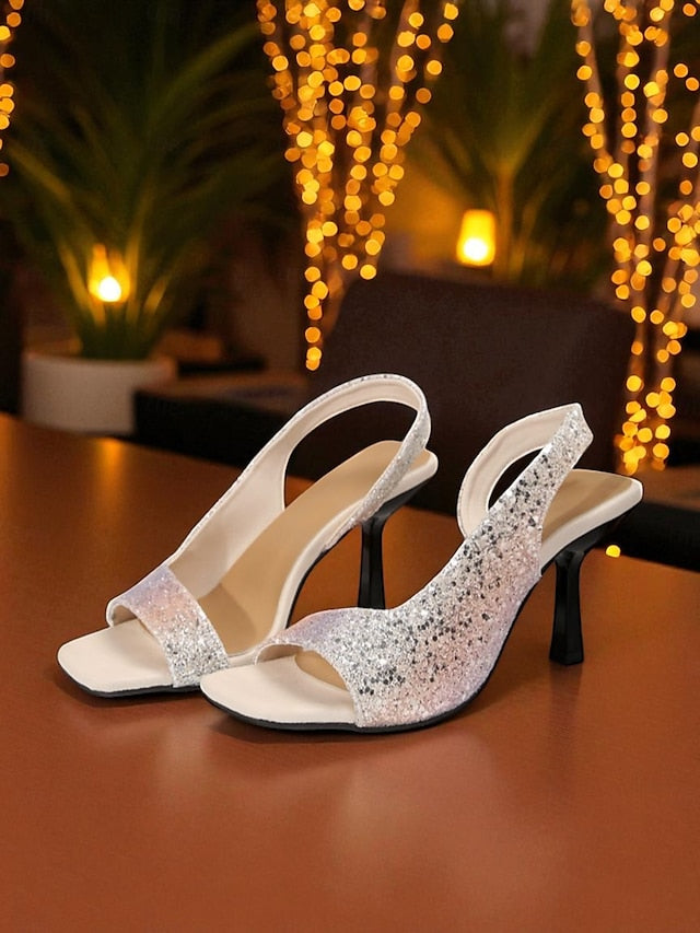 Stiletto Sandals Glitter Toe Women's Square - Slingback