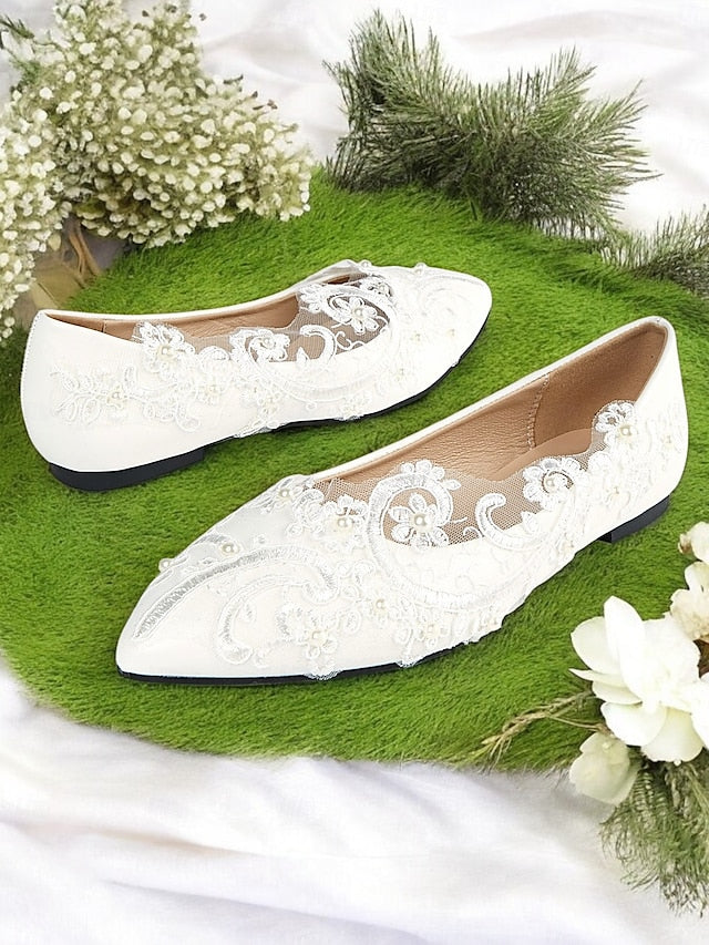 and Wedding Lace Floral White Design Appliqué Shoes with Mesh