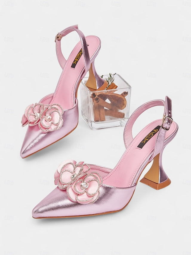 Floral Satin Heels Pointed Women's with Pink Toe