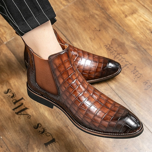 Slip-On Pattern Boots – Men's Crocodile Brown Chelsea