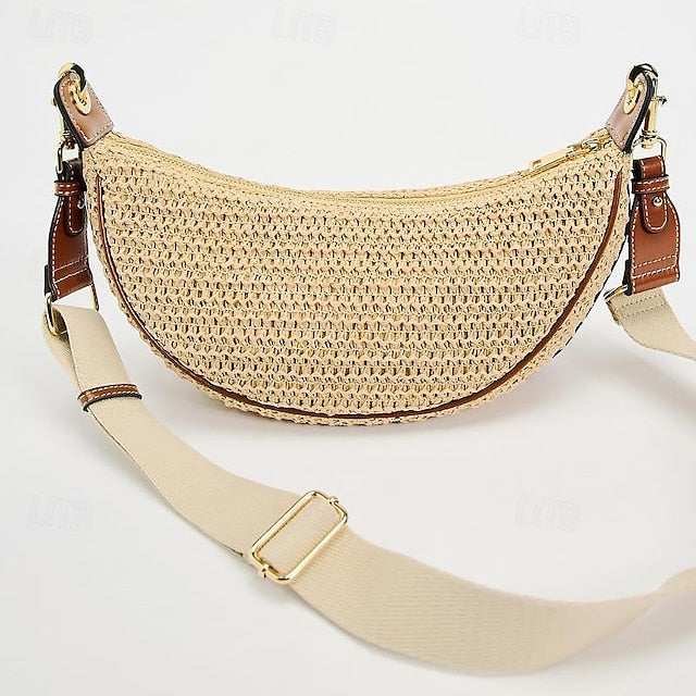 Adjustable Boho Bag Crossbody with Straw Women's Leather