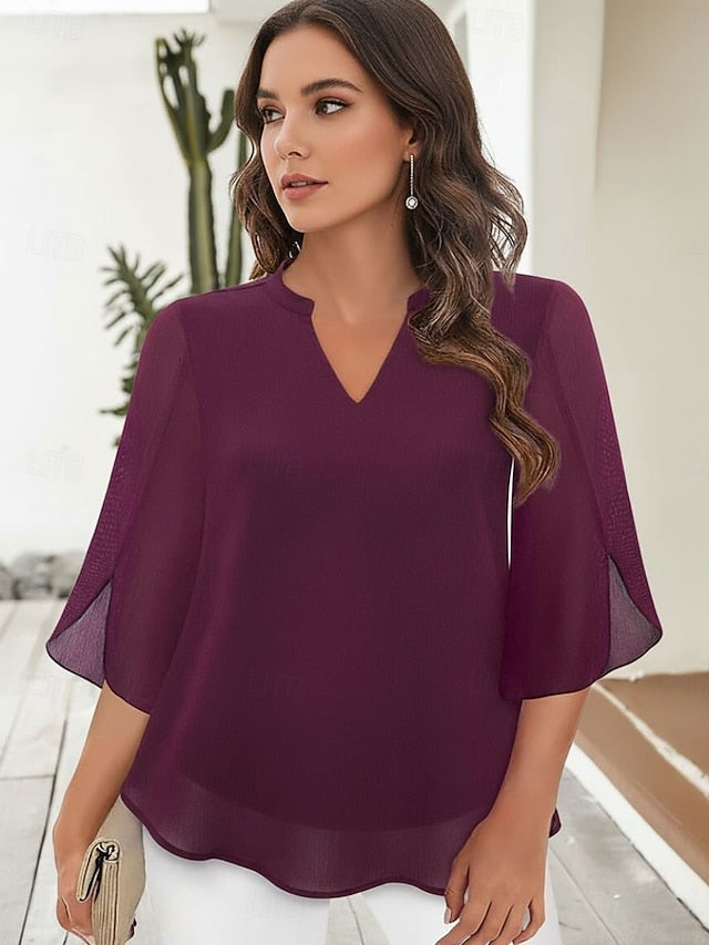 Women's Blouse Chiffon Tops Patchwork Plain Elegant Stylish