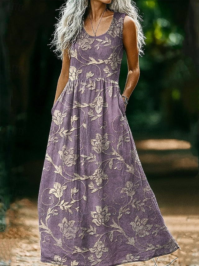 Women's Boho Floral Art Print Vintage Dress Vacation Casual