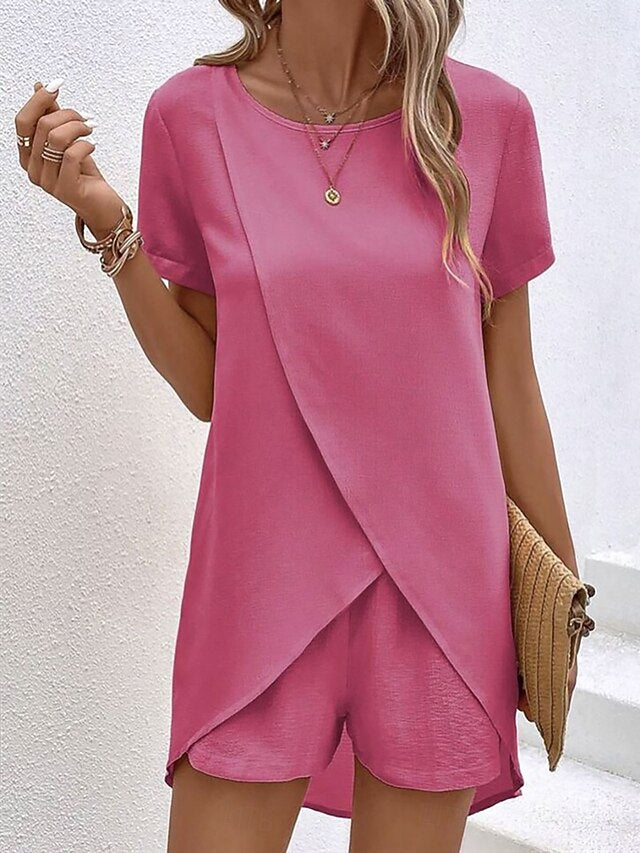 Women's Shorts Sets Short Sleeve Crew Neck Plain Ruched