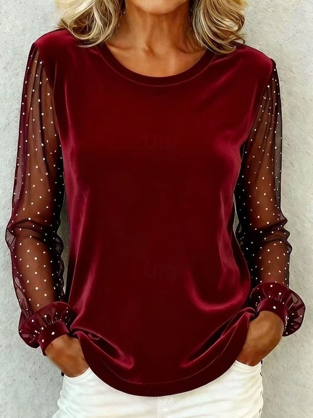 Women's Velvet Stylish Basic Long Sleeve Regular Tops Blue