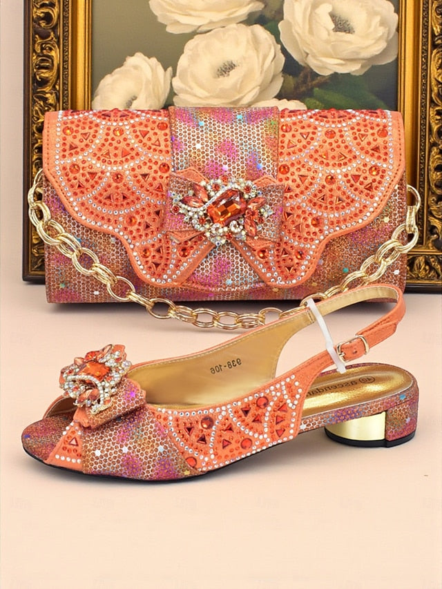 Matching Women's Heels Gold Slingback and Rhinestone Clutch